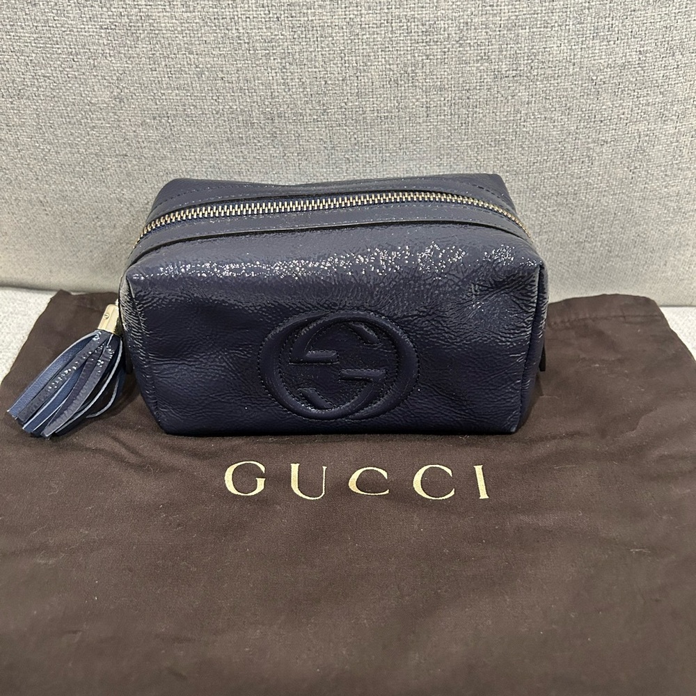 Gucci Soho Cellarius Cosmetic Pouch Blue Patent Leather